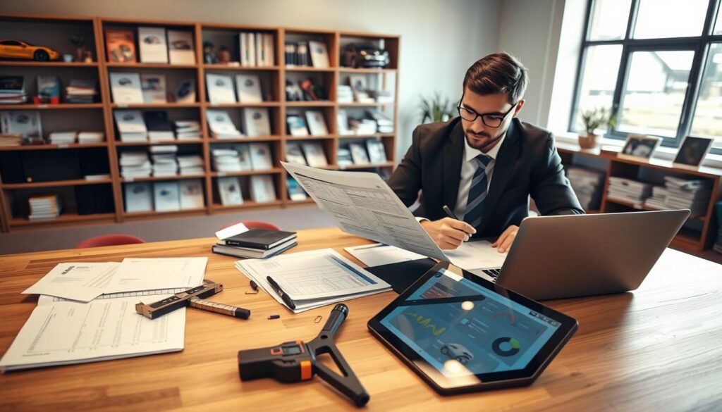 A professional vehicle valuation process in an office environment. In the foreground, a business analyst, dressed in professional attire, meticulously reviews a detailed vehicle appraisal report while using a laptop. The middle ground features a large table with various vehicle assessment tools like a measuring device, reference books, and a tablet displaying car values. In the background, a well-organized office with shelves filled with automotive manuals and a large window letting in soft, natural light, creating a focused yet inviting atmosphere. The scene conveys a sense of diligence and professionalism, emphasizing the analytical nature of vehicle valuation processes. The image should be captured from a slight overhead angle, showcasing the analytical workspace clearly, with warm diffused lighting to enhance the inviting professional mood.