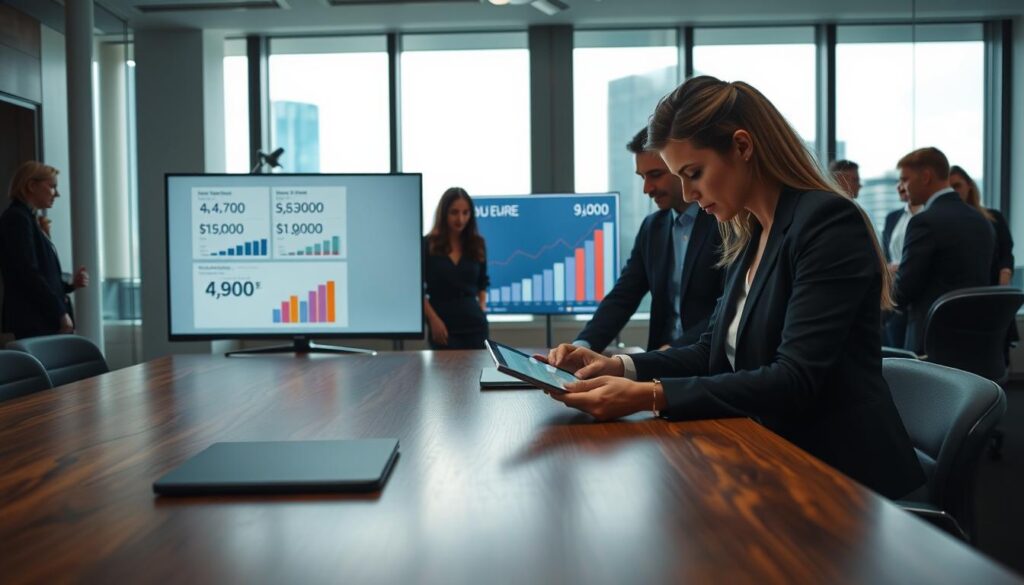 A professional, well-lit office environment with a wooden conference table at the foreground, where a diverse group of business professionals are engaged in discussion. Two individuals, a man and a woman, are reviewing insurance offers on digital tablets, both dressed in smart business attire. The middle ground features a large screen displaying comparative charts and graphs illustrating insurance prices, specifically highlighting "4,700 EUR" and "9,900 EUR" in a visually appealing manner. In the background, large windows let in natural light, creating an open and inviting atmosphere while showcasing a cityscape beyond. The mood is focused and analytical, capturing the essence of decision-making in the insurance evaluation process.