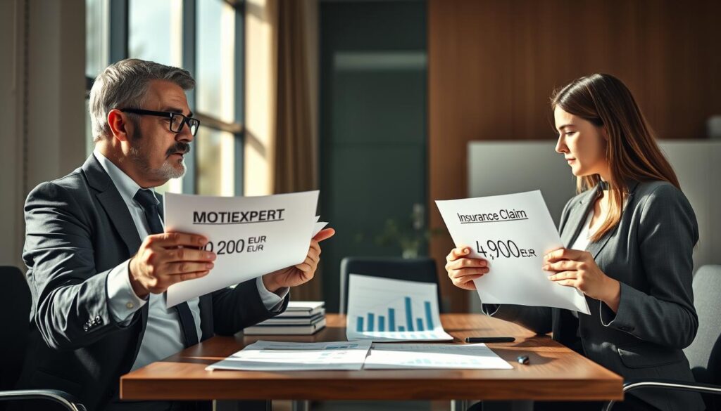 A split scene illustrating contrasting opinions on insurance valuations. In the foreground, two individuals in professional business attire are engaged in a serious discussion, expressing their differing views. One person, a middle-aged man with glasses, gestures towards a stack of documents labeled "MOTOEXPERT 10,200 EUR," while the other, a young woman, holds a paper marked "Insurance Claim 4,900 EUR." In the middle ground, a table is cluttered with charts and graphs comparing the two valuations. The background features a large window with natural sunlight streaming in, casting soft shadows and creating a warm, professional atmosphere. The mood is thoughtful and analytical, inviting viewers to reflect on the importance of fair insurance assessments.