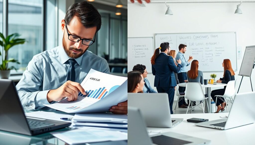 A split-screen image illustrating differences in insurance valuation approaches. On the left, a professional and modern office setting featuring a business analyst reviewing documents with a calculator, surrounded by charts and graphs showing a valuation of 4,900 EUR. The analyst wears formal business attire, exuding concentration. On the right, an energetic and collaborative meeting room where a group of professionals, dressed in smart casual clothing, discuss a valuation of 10,200 EUR. The atmosphere is dynamic, with a whiteboard filled with notes. Bright, natural lighting enhances the professionalism of both settings. The foreground includes detailed elements like laptops and paperwork, while the background showcases relevant industry imagery, creating a sense of comparison and analysis.