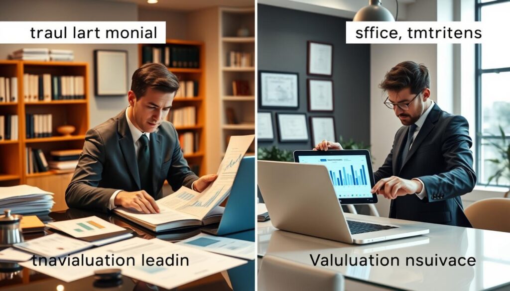 A split-screen image illustrating the comparison of valuation methods for insurance, with two sides. On the left, depict a detailed overview of a traditional valuation method, showcasing a business professional analyzing documents with spreadsheets and charts on a desk, dressed in formal business attire, under warm, soft lighting. On the right, present a modern valuation method featuring a digital interface with graphs and analytics on a high-tech laptop, with another professional reviewing the data, also in business attire, surrounded by a sleek office environment. The background should convey a sense of professionalism, with bookshelves and framed certificates, and the lighting should be bright and inspiring, emphasizing clarity and focus on the valuation concepts.