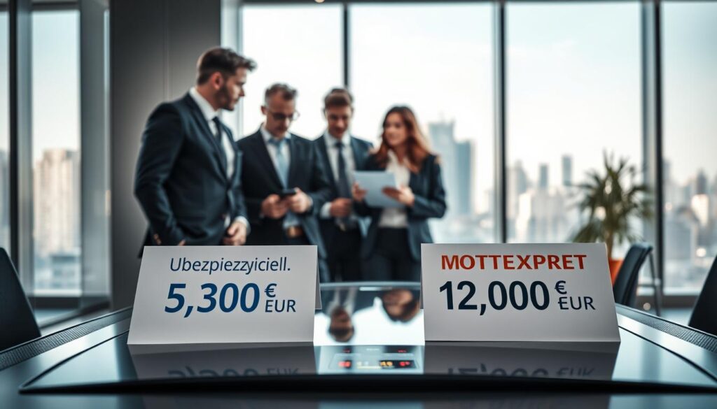 A visual comparison between two car insurance values, Ubezpieczyciel 5,300 EUR and MOTOEXPERT 12,000 EUR, set in a sleek, modern office environment. In the foreground, a high-tech desk displays two documents labeled with the respective amounts, each highlighted with a different color; blue for Ubezpieczyciel and orange for MOTOEXPERT. In the middle, a diverse group of three professional individuals in business attire are engaged in discussion, looking at the documents with thoughtful expressions. The background features a stylish window view of a city skyline, bathed in soft natural lighting, accentuating a calm and analytical atmosphere. A low-angle shot emphasizes the professionalism of the setting, creating a focused mood for analysis.