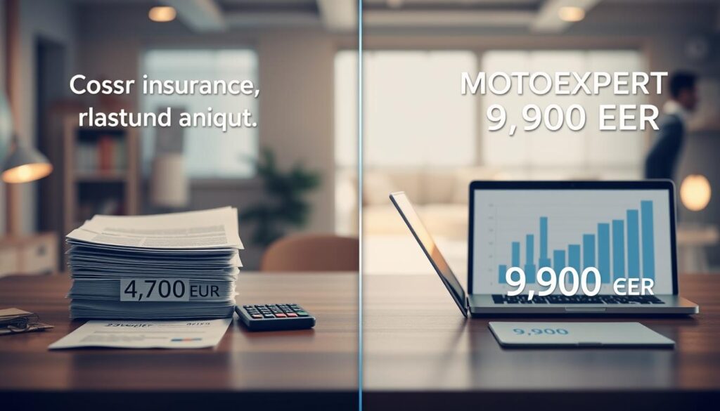 A visual representation of a cost comparison analysis, featuring two distinct sections divided by a subtle line. On the left side, depict a professional setting with a stack of documents and a calculator representing the insurance estimate of 4,700 EUR, illustrated with a warm light and a cozy office background. On the right side, show a similar setup but for the MOTOEXPERT estimate of 9,900 EUR, emphasized with brighter light, perhaps a laptop and graphs displaying higher costs. In the center, a clear divider with charts and symbols representing financial decisions, all in a business-appropriate atmosphere. Maintain a serene mood with a focus on professionalism. The image should not contain any text or markings.