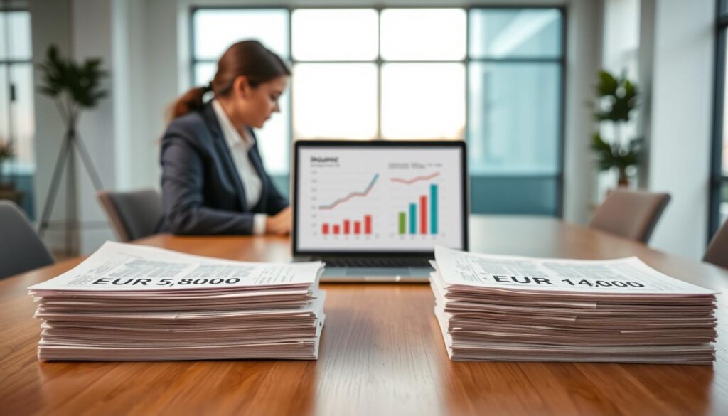 A visually engaging and informative illustration comparing insurance valuations, featuring two distinct stacks of papers on a sleek wooden desk, one labeled "EUR 6,800" and the other "EUR 14,200," representing different insurance offers. In the foreground, a pair of professional business people, a man and a woman, both dressed in formal attire, are analyzing the documents intently. The middle ground showcases a laptop displaying a comparison chart with graphs and percentage symbols, indicating data analysis. The background features a modern office setting with soft, natural lighting filtering through large windows, creating a productive and professional atmosphere. Use a shallow depth of field to focus on the people and papers, emphasizing the serious mood of the discussion.
