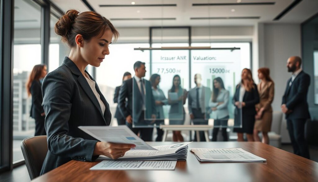 An analytical scene depicting a business meeting focused on insurance damage valuation. In the foreground, a professional businesswoman in a tailored suit reviews two detailed reports on the table, categorizing costs visually. The middle ground features a large, transparent whiteboard displaying graphs and figures comparing the proposed valuations of 7,500 EUR and 15,000 EUR from two different companies. Soft, natural lighting from large windows illuminates the room, creating a bright atmosphere. In the background, a diverse team of professionals, dressed in business attire, engages in discussion, showcasing collaboration and focus. The overall mood is serious and contemplative, perfect for conveying thoughtful decision-making in financial assessments.