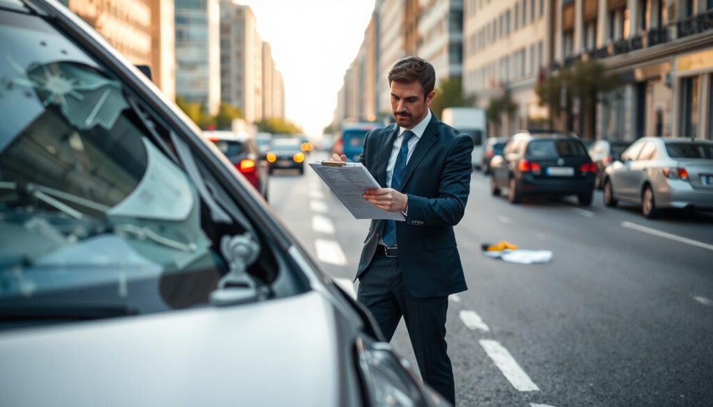 A broken vehicle in the foreground, showcasing visible damages like a cracked windshield and dented fender, illustrating the concept of “szkody komunikacyjne.” In the middle ground, a professional adjuster in business attire examines the vehicle with a clipboard, deep in thought, symbolizing the evaluation process. Surrounding the adjuster, tools like measuring devices and repair estimates are present, enhancing the scene's technical aspect. In the background, a city street setting is visible, with blurred traffic and buildings to imply a busy urban environment. The lighting is soft and natural, suggesting an early afternoon atmosphere, with shadows gently cast on the road. The overall mood conveys seriousness and professionalism, inviting viewers to reflect on the complexities of damage assessment in vehicle accidents.