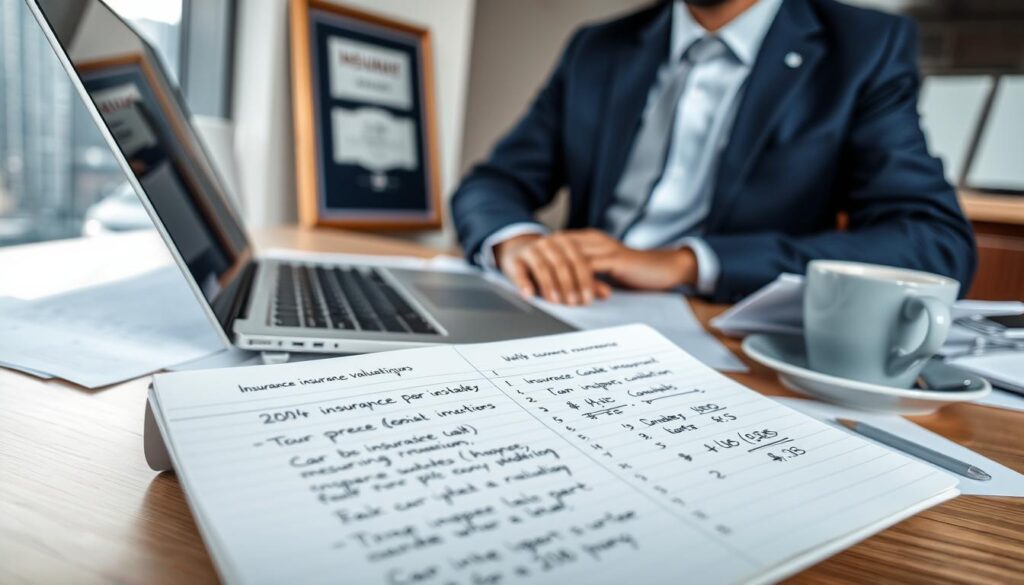 A business professional, dressed in a smart suit, sits at a sleek desk filled with papers, a laptop open in front of them displaying graphs and data related to insurance valuation. In the foreground, a notepad filled with handwritten notes and calculations about car insurance premiums, with a cup of coffee at the side. The middle ground features a framed certificate on the wall indicating proficiency in insurance analysis. The background has a blurred window showing a modern cityscape, implying a bustling business environment. The lighting is soft but focused, giving an inviting and professional atmosphere. The angle of the shot creates a sense of depth, drawing the viewer into the analysis being conducted.
