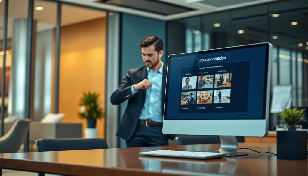 A corporate office setting with a sleek, modern workstation in the foreground, featuring a computer screen displaying a digital interface for insurance valuation, with waiting images queued up. In the middle, a professional-looking person, dressed in smart business attire, checks their watch, reflecting a sense of anticipation. The background includes soft-focus elements like a stylish office lobby and subtle hints of paperwork, indicating a busy environment. The lighting is bright yet soft, creating an atmosphere of professionalism and urgency, with a warm, inviting tone. A shallow depth of field adds emphasis to the central figure, conveying focus on the theme of waiting for a valuation.