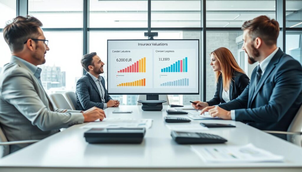 A detailed and organized workspace showcasing a professional analysis of insurance valuations. In the foreground, a diverse group of three business professionals—two men and one woman—are deeply engaged in discussion, each dressed in smart business attire. They are examining charts and graphs displayed on a large screen, which visually contrast two valuations of 6,200 EUR and 11,400 EUR. In the middle, a conference table is covered with documents and calculators, indicating an intensive analytical effort. The background features a modern office environment with large windows, allowing natural light to flood the room, creating an atmosphere of clarity and focus. The scene should convey a sense of collaboration, diligence, and professionalism in a bustling business setting.
