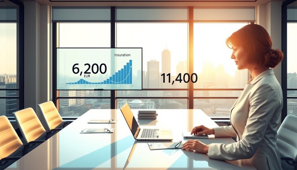 A detailed illustration symbolizing the valuation differences in insurance, set in a sleek, modern office environment. In the foreground, a professional woman in business attire analyzes two large digital screens displaying contrasting figures of "6,200 EUR" and "11,400 EUR," with engaging visual graphs beside them. The middle ground features a polished conference table with a few financial documents and a laptop open for discussions. In the background, a bright city skyline is visible through large windows, illuminated by natural sunlight creating a vibrant atmosphere. Soft shadows and a warm color palette evoke a sense of professionalism and focus, enhancing the mood of analysis and decision-making.
