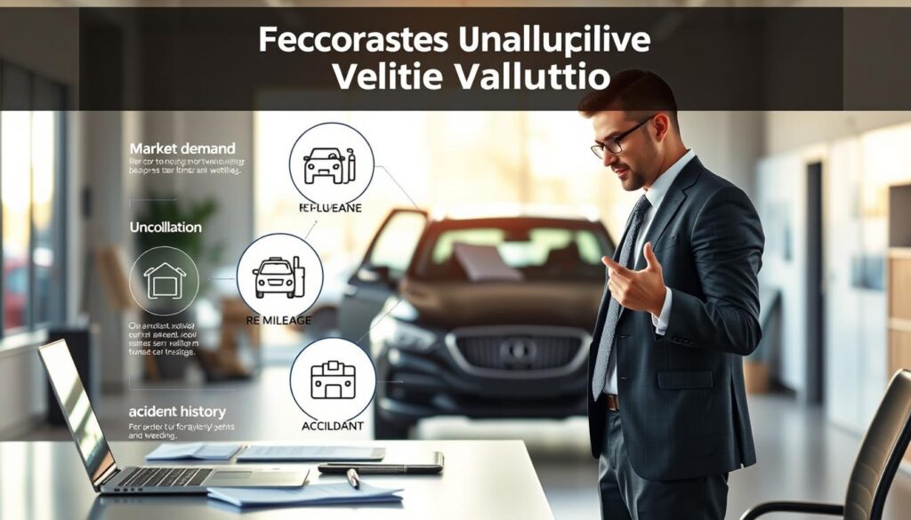 A detailed infographic-style illustration showcasing the factors influencing vehicle valuation. In the foreground, a professional business person in smart attire analyzes a vehicle, surrounded by icons representing key valuation factors: market demand, vehicle condition, mileage, brand reputation, and accident history. The middle ground includes a modern office desk with a laptop and documents, emphasizing a business-like atmosphere. In the background, a subtle blur of a car dealership or workshop adds context. Soft, natural lighting streams through a window, casting a warm glow, while the perspective captures a slight overhead view to give depth to the scene. The mood is informative and engaging, perfect for an educational article.