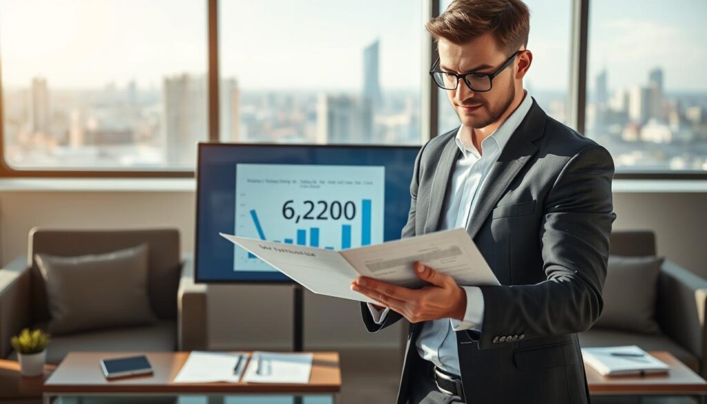 A detailed, professional insurance scene depicting the concept of "ubezpieczyciel 6 200 EUR." In the foreground, a confident insurance agent in business attire is analyzing a document with financial graphs and figures. In the middle, a digital display or screen shows a comparison of valuation figures, highlighting 6,200 EUR prominently. Surrounding them, a modern office environment with sleek furniture, soft lighting streaming through the window, and a cityscape visible in the background to convey a professional atmosphere. The image should evoke feelings of trust and professionalism, with a warm, inviting color palette and well-defined shadows enhancing depth. Capture the scene from a slightly elevated angle to emphasize both the agent and the data presentation.
