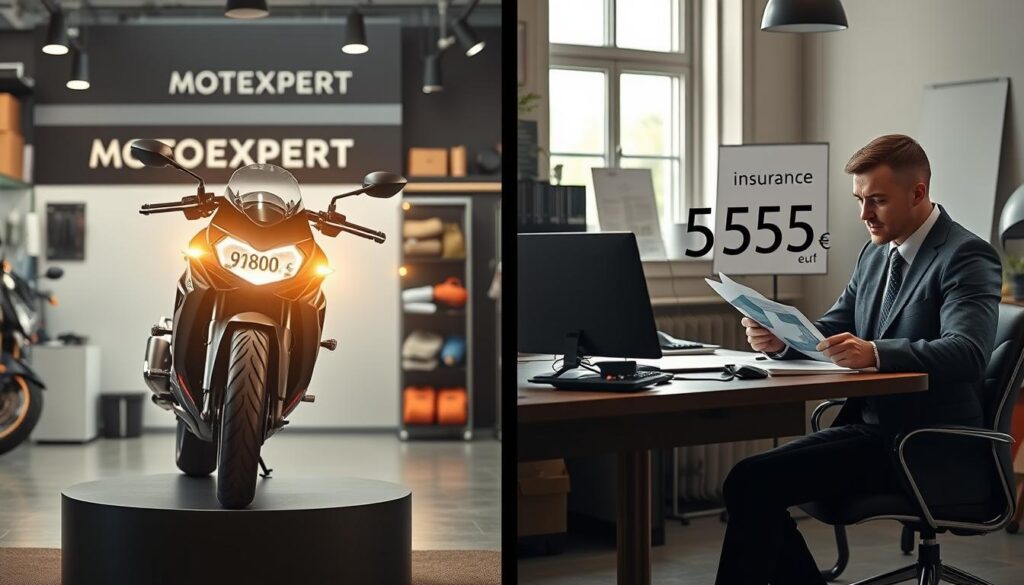 A detailed split-screen comparison visual featuring a sleek motorcycle shop environment on the left, representing MOTOEXPERT, and a traditional insurance office setting on the right. The MOTOEXPERT side showcases a beautifully polished motorcycle on a pedestal, with a price tag of 9,800 EUR prominently displayed. The lighting is warm and inviting, emphasizing the sleek lines of the motorcycle. On the insurance side, a professional in business attire reviews documents, with a projected figure of 5,555 EUR on their desk. Natural light filters through a window, creating a calm yet serious atmosphere. In the background, subtle hints of tools and paperwork reflect the focus on valuations, with no text or watermarks included.