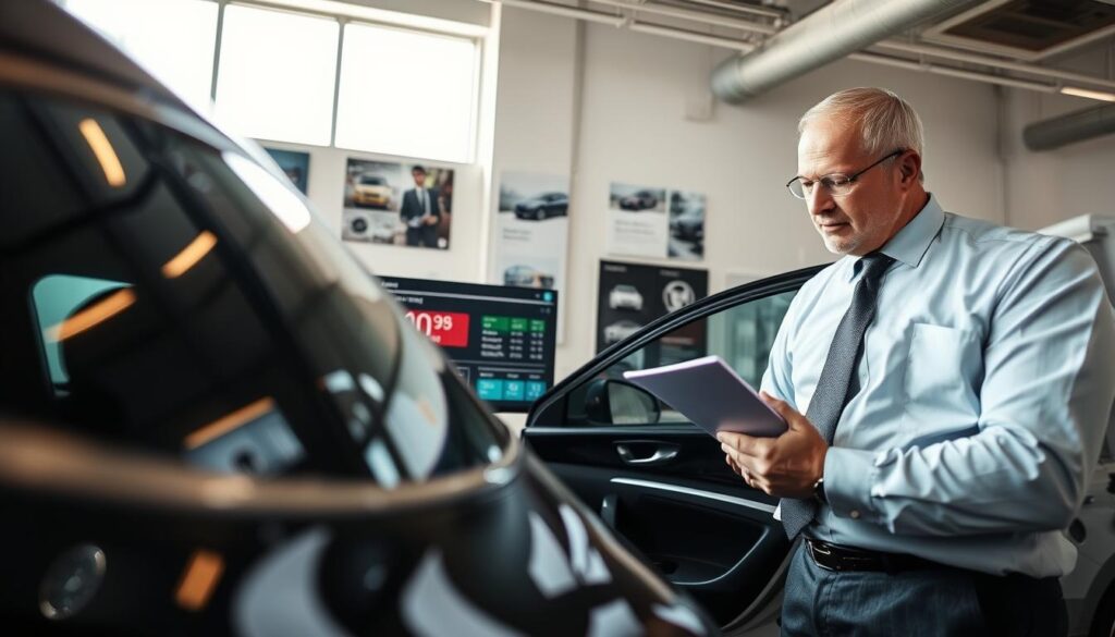 A detailed view of a professional vehicle appraisal scene. In the foreground, a well-dressed insurance appraiser, in business attire, is inspecting a modern car's body and interior with a clipboard in hand. The appraiser, a middle-aged individual, examines the car’s condition under bright, even lighting. In the middle ground, a high-tech computer screen displays valuation data and important metrics related to the vehicle's worth. The background features a clean, organized office environment with vehicle-related posters and a large window allowing natural light to flood in, creating a professional atmosphere. The overall mood is analytical and focused, reflecting the importance of accurate vehicle valuation.