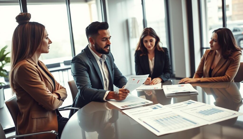 A dynamic and professional setting showcasing a meeting between insurance adjusters and clients discussing claims. In the foreground, a diverse group of three clients dressed in professional business attire, deep in conversation, with expressions of curiosity and concern. In the middle ground, an insurance adjuster reviewing documents on a sleek conference table, surrounded by financial reports and charts illustrating compensation figures. The background features a modern office environment with large windows allowing natural light to flood the space, creating a warm and engaging atmosphere. Soft lighting enhances the mood, reflecting the serious yet hopeful tone of the discussion about damage compensation disputes. The camera angle is slightly elevated, capturing the interaction and the details of the setting.
