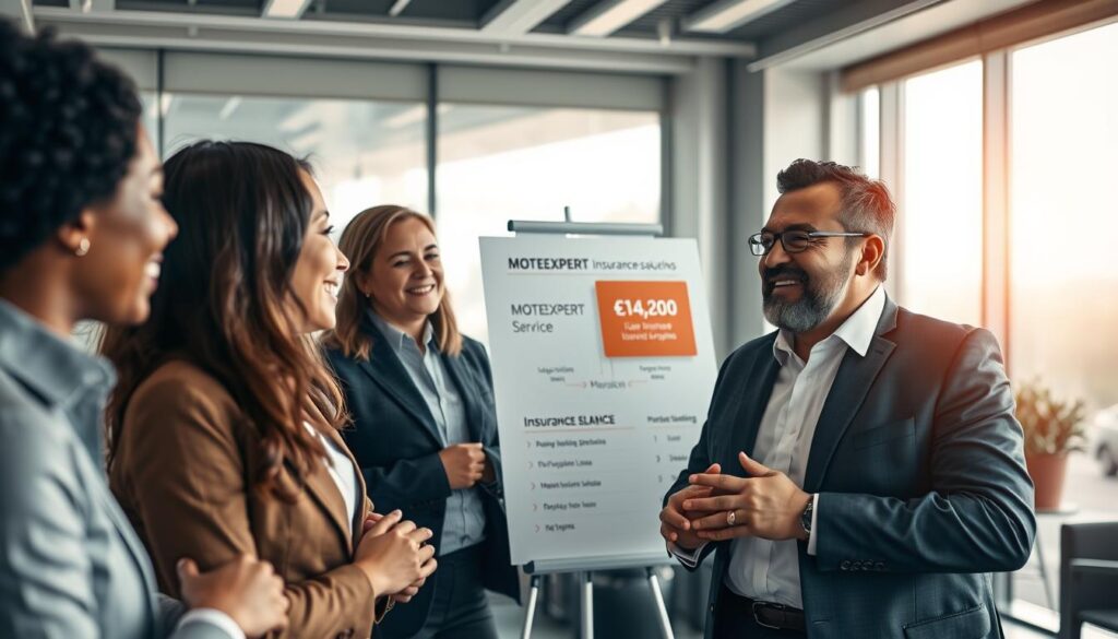 A dynamic composition showcasing two contrasting experiences with MOTOEXPERT insurance. In the foreground, a diverse group of professionals in business attire, engaged in a discussion, expressing their thoughts and opinions about the MOTOEXPERT service. Their facial expressions convey satisfaction and confidence. In the middle ground, a presentation board displays an infographic comparing insurance values - MOTOEXPERT at €14,200 versus a lower insurance valuation. The background features a sleek, modern office environment with soft natural lighting filtering through large windows, creating an optimistic atmosphere. The camera angle is slightly elevated, capturing the interaction and the visual data clearly, conveying a sense of professionalism and expertise in the insurance field.