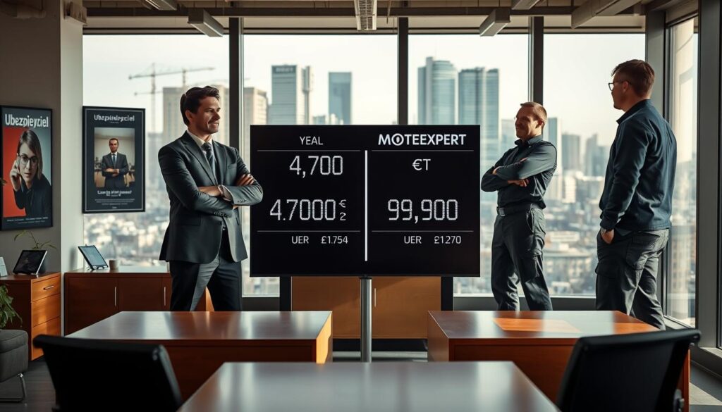 A dynamic scene depicting a confident insurance agent representing "Ubezpieczyciel" standing on the left, wearing formal business attire, engaged in a thoughtful discussion with a skilled technician from "MOTOEXPERT" on the right, dressed in a smart casual outfit. The foreground features a modern office setting with polished wooden desks and motivational posters. In the middle ground, a large digital display shows two contrasting prices, 4,700 EUR for Ubezpieczyciel and 9,900 EUR for MOTOEXPERT, subtly highlighted. The background is filled with a contemporary cityscape visible through large windows, suggesting an urban environment. Soft, natural lighting filters in, illuminating the characters and emphasizing an atmosphere of professionalism and decision-making. The angle captures both figures in a close-up, focused yet engaging exchange.