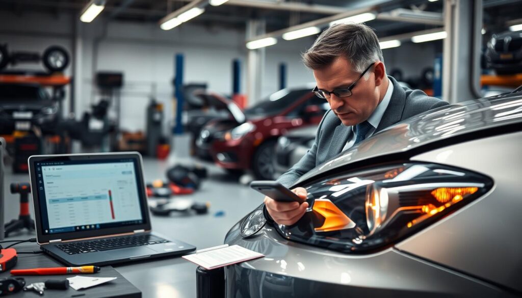 A dynamic scene illustrating the concept of automotive damage assessments, focusing on a professional automotive appraiser in business attire examining a damaged car in a workshop. In the foreground, show the appraiser intently inspecting the vehicle's front bumper and headlights, using a portable assessment tool. In the middle ground, display various tools and equipment associated with car repairs and assessments, like a laptop showing insurance estimates. The background features a well-lit garage with car parts and diagnostic equipment, conveying a sense of professionalism and expertise. Soft, natural lighting illuminates the scene, enhancing the serious yet focused atmosphere. The composition should emphasize the appraiser's dedication to accurately valuing the vehicle's damages without any text or watermarks.