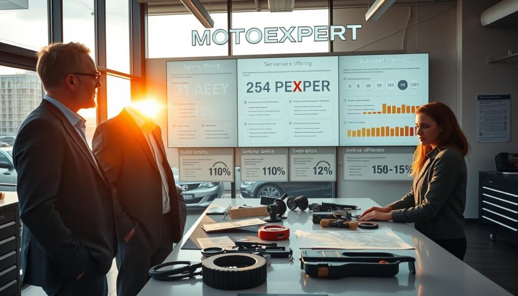 A modern automotive service office for "MOTOEXPERT," showcasing a professional environment. In the foreground, a well-dressed automotive specialist, wearing a neat blazer and glasses, is discussing details with a client, who is dressed casually but neatly. Around them, various automotive repair tools and diagrams can be seen on a sleek table. In the middle ground, a large wall-mounted display shows impressive statistics and graphics highlighting service offerings and customer satisfaction. The background features glass windows with a view of a cityscape, bathed in warm afternoon sunlight that creates an inviting atmosphere. The overall mood is professional and optimistic, conveying trust and expertise in automotive services.