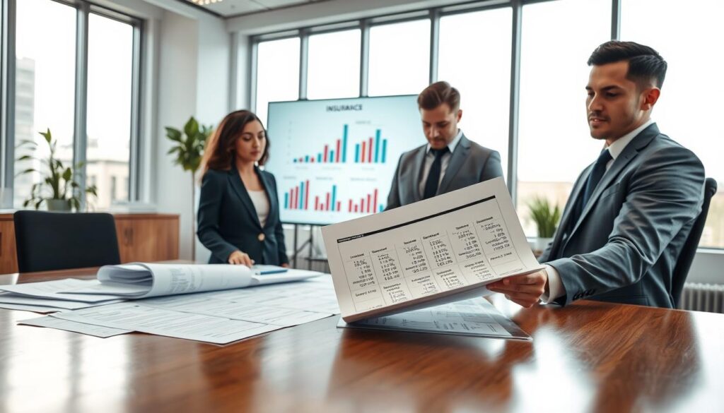 A modern office setting focused on insurance valuation techniques, showcasing a polished wooden desk filled with documents and charts. In the foreground, a diverse group of three professionals, dressed in business attire, deeply analyzing a large financial report with figures comparing insurance valuations. The middle-ground features a digital screen displaying graphs and percentage breakdowns of different insurance methods. In the background, large windows let in soft, natural light that creates a bright and inviting atmosphere. The mood is focused and collaborative, emphasizing the analytical nature of insurance valuation processes. The image captures the intensity and importance of financial assessments in the insurance industry, ideally taken from a slight angle to highlight both the team and the documents.