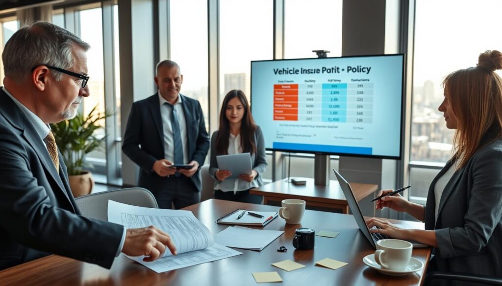 A modern office setting showcasing a team of diverse professionals discussing vehicle insurance claims. In the foreground, a middle-aged man in a sharp suit points at a document on a table, while a young woman in business casual attire takes notes on a laptop. The middle ground features a large screen displaying vehicle insurance policy comparisons graphically, while the background reveals floor-to-ceiling windows with a city skyline view, illuminated by soft afternoon sunlight. Subtle details like post-it notes and coffee cups add to the ambiance. The mood is collaborative and focused, emphasizing a professional atmosphere. The image captures the essence of customer opinions and experiences in the context of vehicle insurance.
