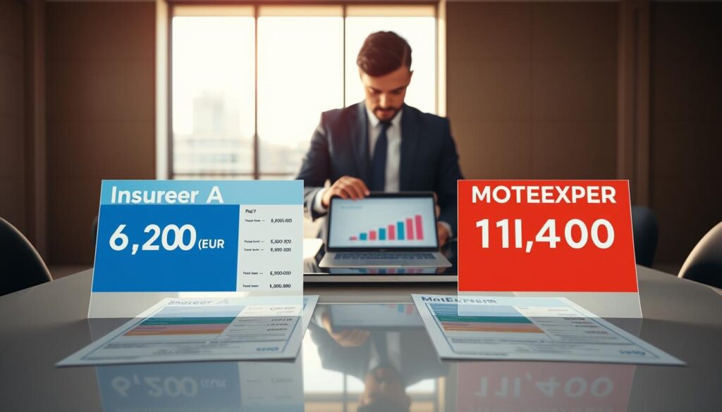 A professional and informative scene depicting a comparison of insurance offers. In the foreground, two side-by-side graphical representations of insurance quotes; one labeled "Insurer A: 6,200 EUR" and the other "MOTOEXPERT: 11,400 EUR," presented with clear, distinct colors. The middle ground features a modern office setting, with a business professional in a smart suit, analyzing the documents on a sleek desk with a laptop open displaying comparative charts. In the background, a large window allows natural light to illuminate the room, casting soft shadows and creating a warm atmosphere. The mood is focused and analytical, emphasizing clarity and professionalism, while avoiding any clutter.