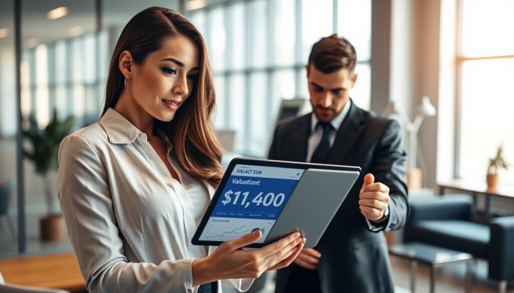 A professional and modern office setting as the background, featuring sleek furniture and a large window that lets in natural light. In the foreground, a confident businesswoman in professional attire is examining a digital tablet displaying a valuation report, showing a substantial figure labeled “11,400 EUR”. To her side stands a thoughtful businessman in a suit, also looking at the tablet, engaged in discussion. The atmosphere is one of collaboration and financial insight, with charts and graphs subtly visible on the tablet screen. Soft, warm lighting enhances the mood, creating an inviting and professional ambiance, with a shallow depth of field focusing on the tablet while the background blurs slightly.