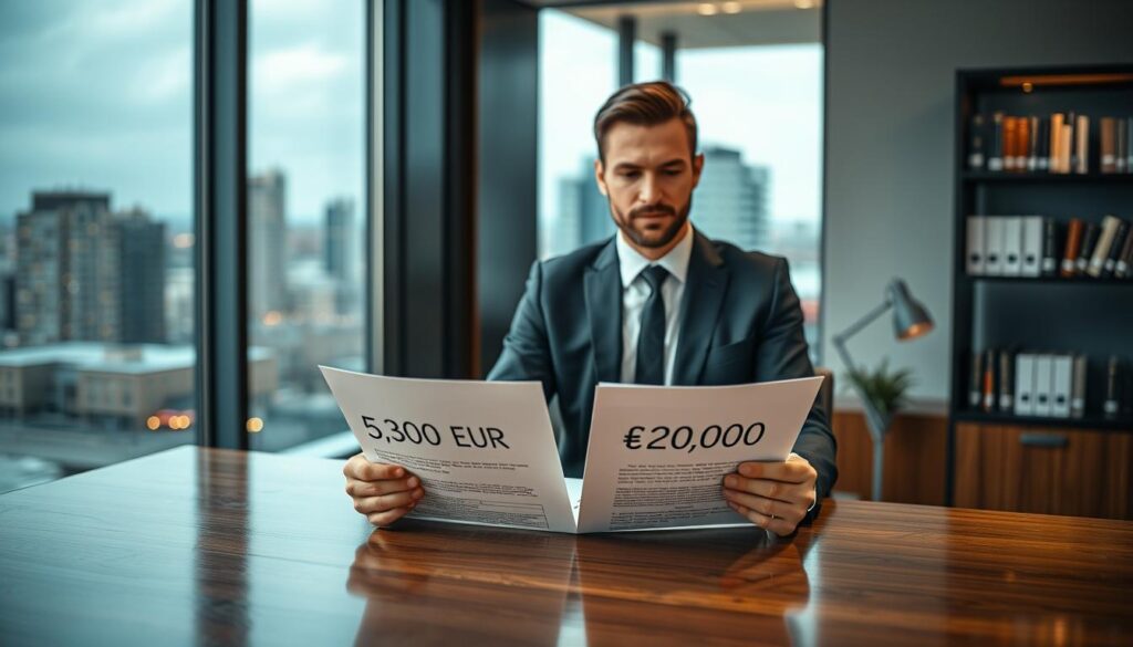 A professional and sleek office setting showcasing a modern workspace. In the foreground, a confident individual in business attire is analyzing two insurance documents, one labeled with "5,300 EUR" and the other with "12,000 EUR", placed side-by-side on a polished wooden desk. In the middle ground, a large window reveals a vibrant cityscape, hinting at the bustling insurance market outside. The background features a stylish bookshelf filled with financial books, contributing to the professional atmosphere. Soft, diffused lighting creates a warm and inviting mood, while a shallow depth of field draws attention to the documents and the subject's focused expression. The scene embodies decision-making and financial assessment.