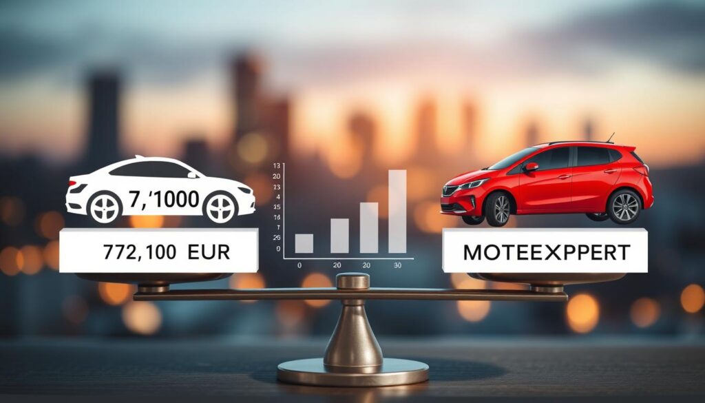 A professional and visually engaging comparison image illustrating two car insurance valuations. In the foreground, a scale balancing two distinct symbols: on the left, a stylized representation of the insurer's valuation, featuring a sleek car with a price tag of 7,100 EUR; on the right, a modern vehicle symbolizing MOTOEXPERT valued at 13,500 EUR, depicted with a vibrant color palette. In the middle ground, a subtle graph comparing the two valuations, with bar charts and numerical indicators. The background features a blurred cityscape at dusk, illuminated by soft city lights to create a professional and analytical atmosphere. The image should have a clean, well-organized layout, conveying clarity and focus, with soft lighting to enhance the overall mood.