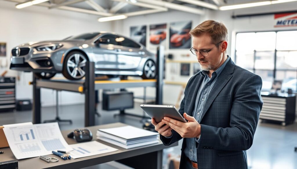 A professional automotive appraiser's workspace, highlighting a detailed valuation process. In the foreground, a focused appraiser in smart casual attire, analyzing a car's specifications on a tablet with a discerning expression. The middle ground features a luxury vehicle on a lift, its pristine body reflecting overhead lights, while valuation documents and charts are neatly arranged on a nearby desk. The background contains a modern garage adorned with tools, automotive posters, and a large window allowing natural light to flood the space. The atmosphere is one of professionalism and precision, emphasizing trust and expertise in vehicle appraisal. Soft lighting creates a balanced and inviting ambiance, capturing the essence of MOTOEXPERT’s reliable assessments.