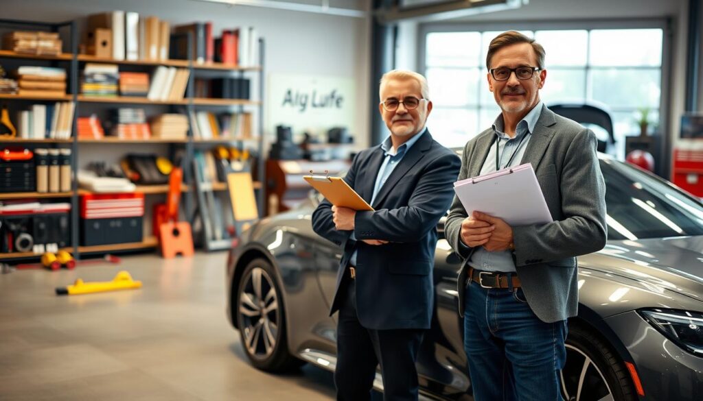 A professional automotive expert, depicted as a middle-aged man in a smart casual outfit, stands confidently beside a sleek, modern car in a well-lit garage setting. In the foreground, he is holding a clipboard with inspection notes, reflecting his expertise and attention to detail. In the middle ground, various car tools and equipment are organized neatly, conveying a sense of professionalism. The background features shelves filled with automotive reference books and a large window letting in natural light, creating a bright and inviting atmosphere. The mood is analytical and focused, emphasizing the thorough assessment process involved in vehicle valuation. Ensure sharp details, vibrant colors, and an inviting perspective for a sophisticated look.