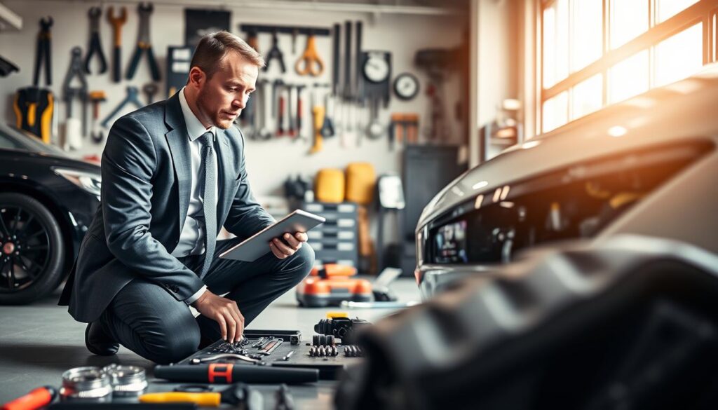 A professional automotive expert, dressed in a sharp business suit, examines a vehicle with a focus on details and precision. The foreground features the expert kneeling beside a sleek modern car, analyzing its condition with a clipboard and digital tablet in hand. The middle layer shows various automotive tools and diagnostic equipment spread out neatly, emphasizing the technical aspect of the evaluation process. In the background, a bright, well-lit garage environment with tools hanging on the walls and a large window allowing natural light to flood in enhances the atmosphere. The mood is serious yet focused, aiming to convey professionalism and expertise in vehicle valuation, suitable for a context of insurance assessment.