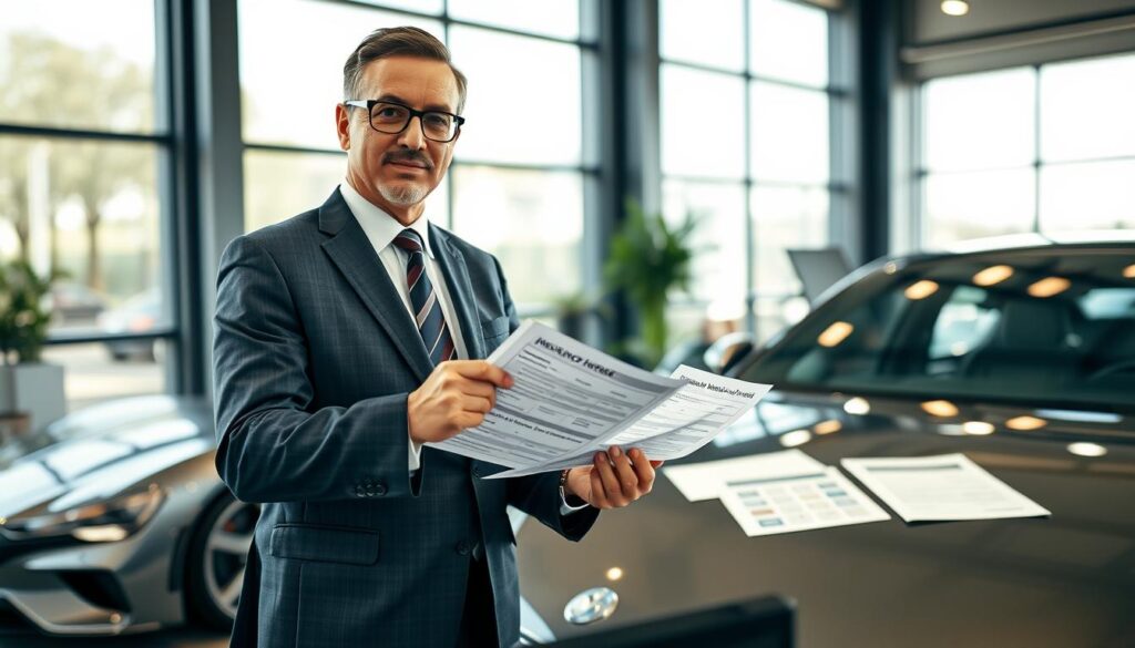 A professional automotive expert, dressed in a smart business suit, stands confidently beside a sleek, high-value vehicle in a modern office setting. The expert, a middle-aged man with glasses, is holding a detailed report, analyzing the car's features, showcasing a comparison between insurance valuations. The foreground features the expert and the vehicle, while the middle ground includes a stylish office desk with high-end technology and documents spread out, providing a sense of professionalism. In the background, large windows let in soft natural light, creating a bright yet focused atmosphere. The angle captures the expert's face and the car, emphasizing their significance in the valuation process, all without any text or overlay distractions.