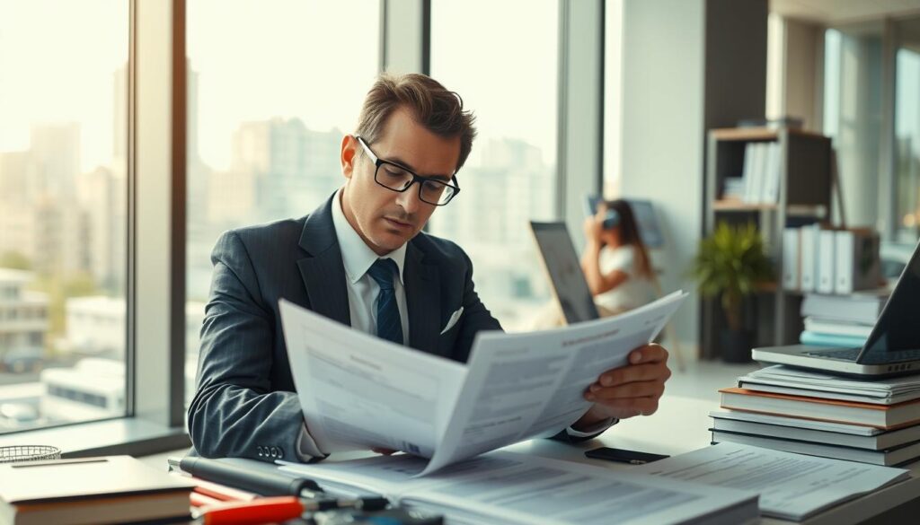 A professional automotive expert, dressed in smart business attire, analyzing a vehicle in a well-lit, modern office environment. The expert is closely examining a detailed report on a desk, surrounded by tools and reference books on vehicle valuation. In the background, a large window reveals a cityscape, creating a sense of depth and professionalism. Soft, natural light filters through the window, casting a warm glow on the scene. The camera angle is slightly elevated, focusing on the expert's concentrated expression, emphasizing the significance of their role in assessing vehicle worth. The atmosphere is serious and informative, suitable for a financial or insurance analysis context.