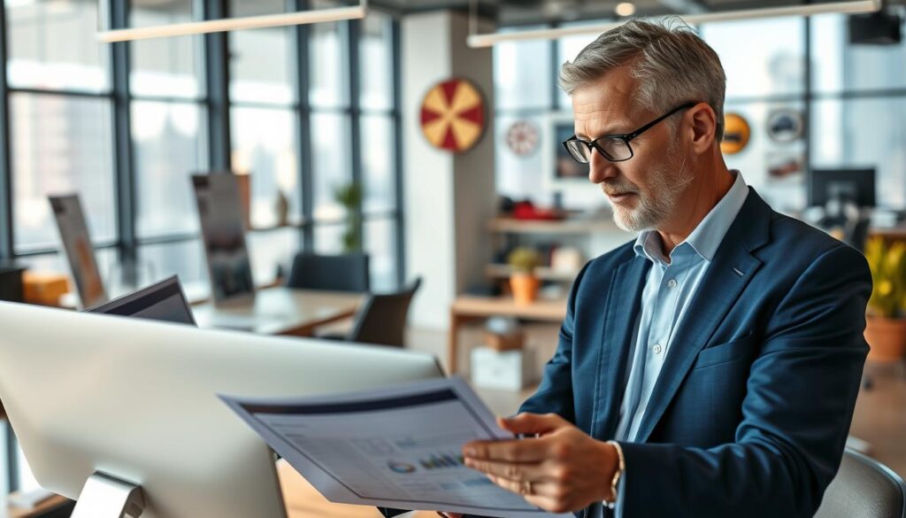 A professional automotive expert from MOTOEXPERT, depicted in a modern office environment, examining a high-resolution digital display of vehicle valuation reports. The foreground features the expert, a middle-aged Caucasian man in a tailored navy blue suit, focused on the screen, with a thoughtful expression. In the middle ground, sleek office furniture and automotive memorabilia create an engaging workspace. The background shows large windows with city views, letting in bright, natural light, enhancing the professional atmosphere. Capture the essence of professionalism and expertise, with soft shadows and a warm color palette to evoke trust and reliability in automotive appraisal services.