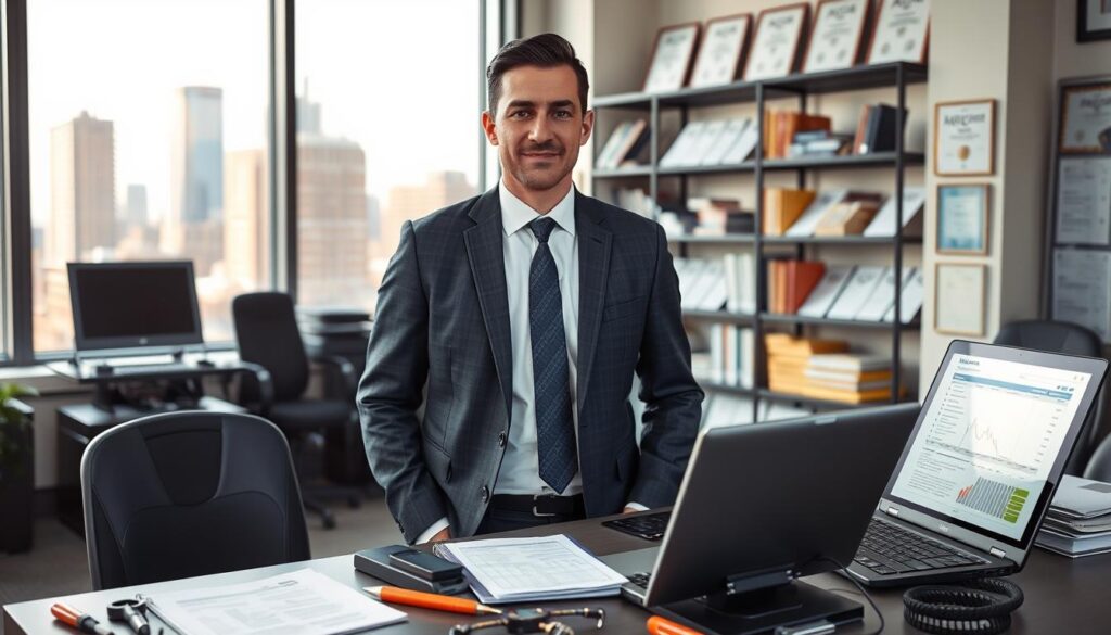 A professional automotive expert stands confidently in a modern office setting, wearing a tailored business suit. The foreground features a detailed desk cluttered with automotive inspection tools, a laptop displaying diagnostic reports, and a notepad with calculations. In the middle ground, a large window allows natural light to stream in, illuminating a contemporary cityscape outside. The background shows shelves filled with automotive reference books and certificates on the walls, emphasizing expertise. The overall atmosphere conveys professionalism and trust. The image is well-lit, with a focus on the expert's engaged expression, creating a sense of reliability and authority in automotive assessments.