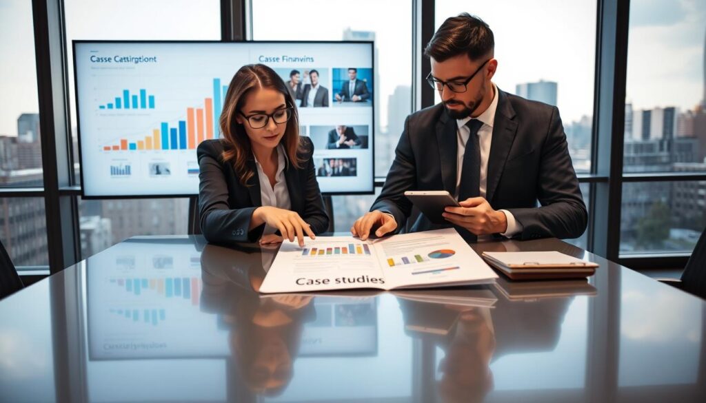 A professional business meeting scene in a modern office, focusing on two diverse businesspeople analyzing and discussing a report featuring "case studies" on a sleek conference table. In the foreground, a well-dressed woman with glasses points at a document, while a man in a tailored suit listens intently, taking notes on a tablet. The middle ground includes a large screen displaying graphs and images representing financial cases, brightly illuminated for clarity. The background features large windows with a city skyline view, filled with natural light that casts soft shadows across the room. The atmosphere is focused and collaborative, conveying a sense of professionalism and analytical discussion. The image is devoid of any text or branding.