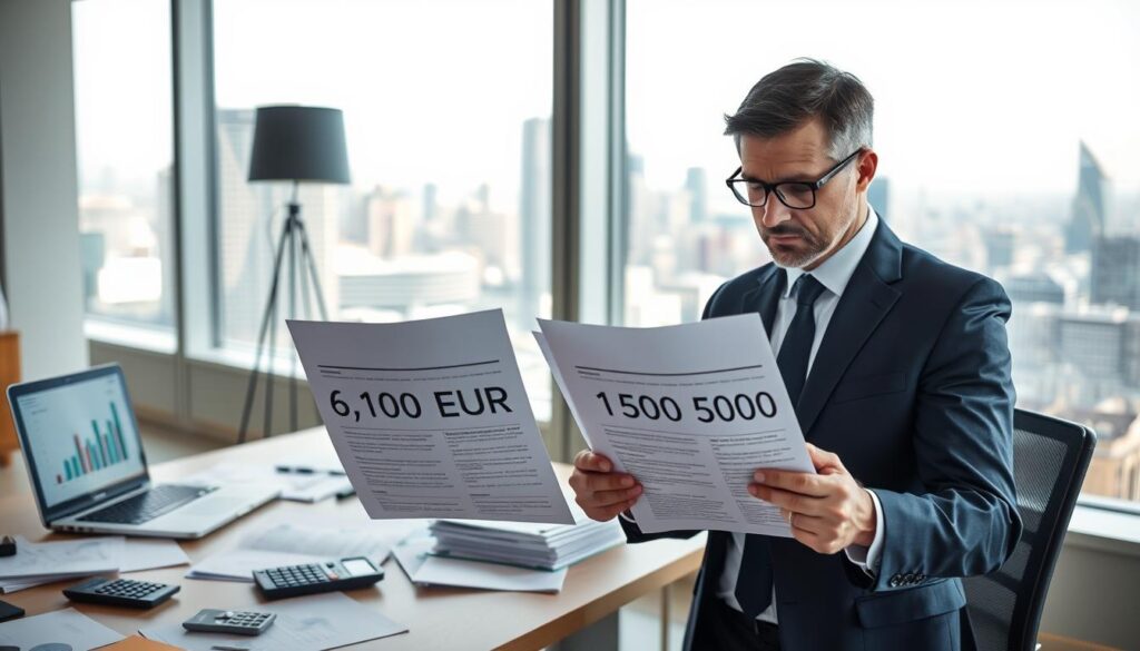 A professional business setting illustrating the concept of insurance valuation differences. In the foreground, a well-dressed financial analyst, focused and contemplative, examines two contrasting insurance documents: one labeled "6,100 EUR" and the other "13,200 EUR." The middle ground features a modern office desk cluttered with financial reports, calculators, and a laptop displaying graphs. In the background, large windows let in bright natural light, offering a view of a bustling city skyline, symbolizing the broader market context. The atmosphere is serious yet hopeful, reflecting the importance of careful valuation in insurance claims. The image is designed with a slightly warm color palette to create an inviting, professional feel.