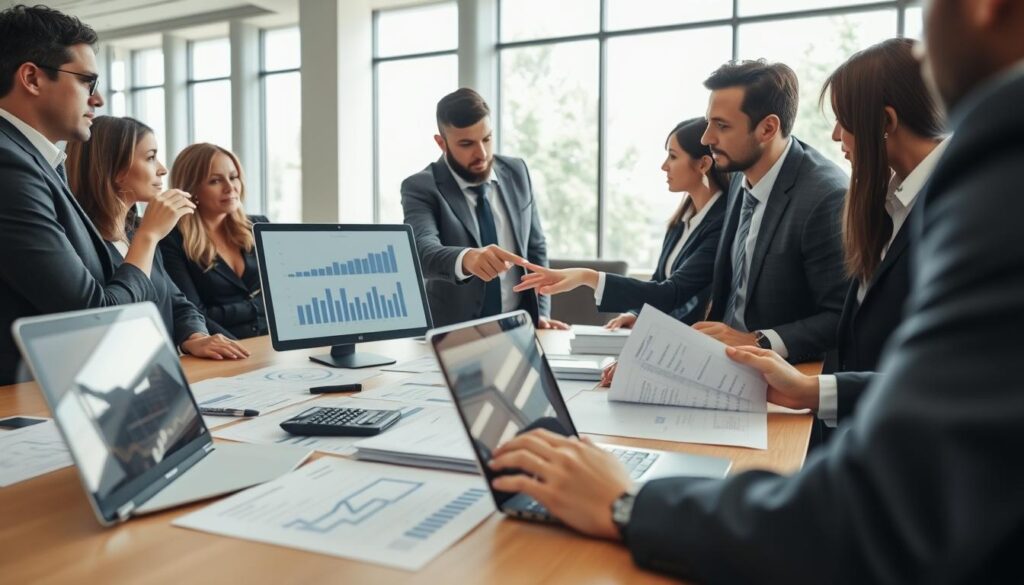 A professional business setting showcasing a detailed analysis of insurance valuations. In the foreground, a diverse group of professionals in business attire, intensely discussing, with one person pointing at a laptop screen displaying graphs and numerical data. The middle layer features a large desk covered with financial documents, charts, and a calculator, alongside a sleek laptop with a spreadsheet open. In the background, a modern office space with large windows allowing natural light to fill the room, creating a bright and airy atmosphere. The overall mood is focused and analytical, emphasizing collaboration and insights into the valuation process. The composition should be well-lit, using soft daylight, with a slight depth of field to keep the focus on the group’s discussion and the analytical materials.