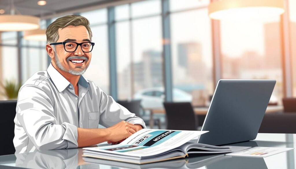 A professional digital illustration depicting a customer review setting for MOTOEXPERT. In the foreground, a happy customer, a middle-aged man in business casual attire, is sitting at a desk with a laptop open, expressing satisfaction. Beside him, a stack of paperwork and a MOTOEXPERT brochure featuring glimpses of cars and insurance documents. In the middle ground, a soft-focus office environment with an elegant modern design, warm overhead lighting creating a welcoming atmosphere. In the background, a glass window showing a cityscape, hinting at progress and reliability. The overall mood is optimistic and trustworthy, perfect for reflecting positive customer opinions.