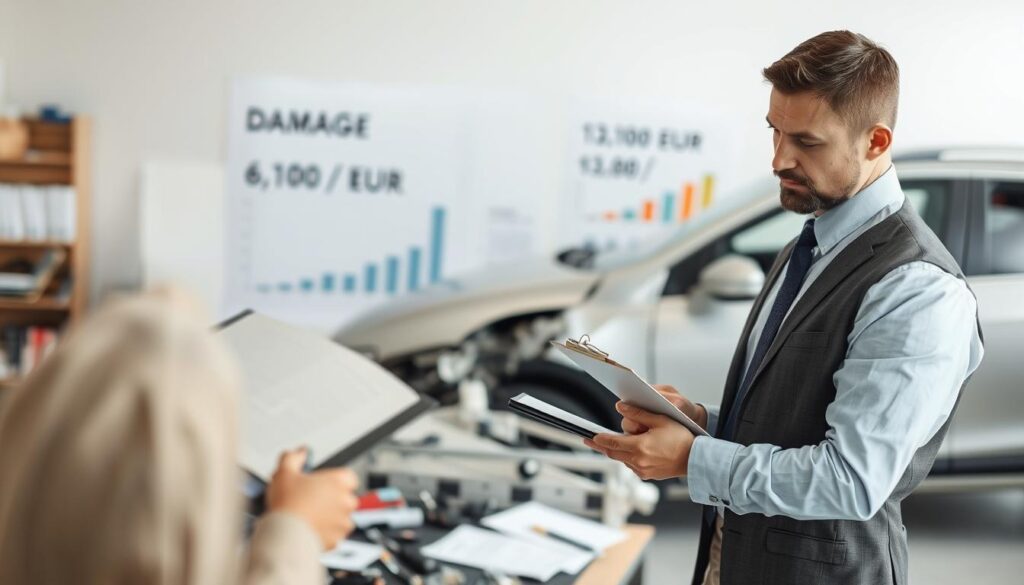 A professional insurance adjuster in business attire examining a damaged vehicle in a well-lit office environment. In the foreground, the adjuster is taking notes on a clipboard, focused on assessing the extent of the damage. The middle ground features the vehicle with visible dents and scratches, surrounded by various tools and documents related to damage assessment. In the background, there are charts and graphs illustrating different damage valuations, subtly highlighting the contrast between 6,100 EUR and 13,200 EUR evaluations. The lighting is bright and neutral, creating a serious and professional atmosphere, with a slight depth of field to keep the focus on the adjuster and the vehicle while softly blurring the background elements.
