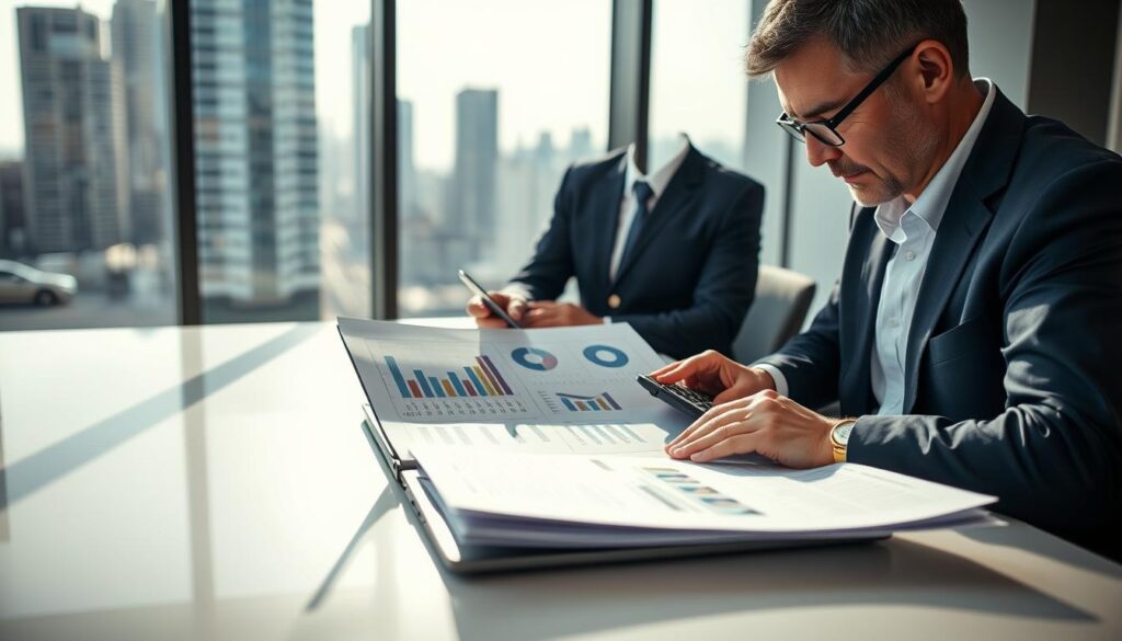 A professional insurance appraiser in a modern office environment, meticulously examining a detailed report on a sleek desk. In the foreground, the appraiser, a middle-aged individual in a navy suit and glasses, is focused on analyzing graphs and figures with a calculator in hand. The middle of the image showcases a large open laptop displaying charts related to insurance evaluations. In the background, a large window allows natural light to fill the room, revealing a cityscape with tall buildings, enhancing the feeling of a professional atmosphere. Soft ambient lighting casts gentle shadows, creating a serious yet optimistic mood embodying the thoroughness of an insurance appraisal process. The scene is framed with a slight angle, emphasizing the appraiser's concentration and the intricate details of the report.