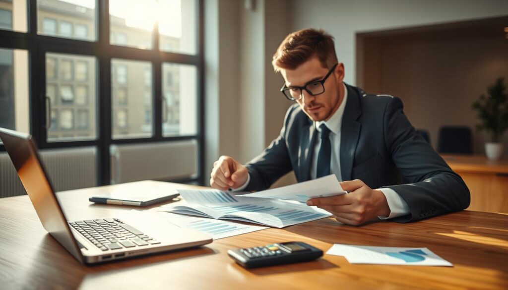 A professional insurance consultant analyzing a financial report, depicting the concept of a 7,500 EUR insurance valuation. In the foreground, a focused individual dressed in smart business attire, seated at a sleek wooden desk, studying a document with charts and figures. In the middle, an array of financial items, such as a calculator and a laptop displaying graphs, symbolizing the valuation process. The background features a modern office environment with soft, natural lighting filtering through large windows, creating a calm and professional atmosphere. A subtle play of light highlights the subject's concentration, emphasizing the analytical nature of insurance valuations. The overall mood is serious and informative, reflecting a deep dive into financial assessments.