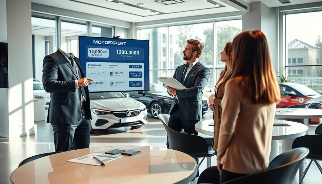 A professional insurance office setting focused on car insurance, showcasing a modern, sleek atmosphere. In the foreground, a confident insurance agent in business attire is discussing with a couple, reviewing car insurance options. The agent points to a digital screen showing graphs and comparisons of insurance quotes with a clear highlight on "MOTOEXPERT 12,000 EUR" for emphasis. In the middle ground, there are elegant desks with neatly organized paperwork, and a display of various car models representing insurance coverage options. The background features large windows with natural light streaming in, casting soft shadows, enhancing the professional yet approachable ambiance. The overall mood is one of trust and professionalism, encouraging potential clients to consider comprehensive coverage choices.