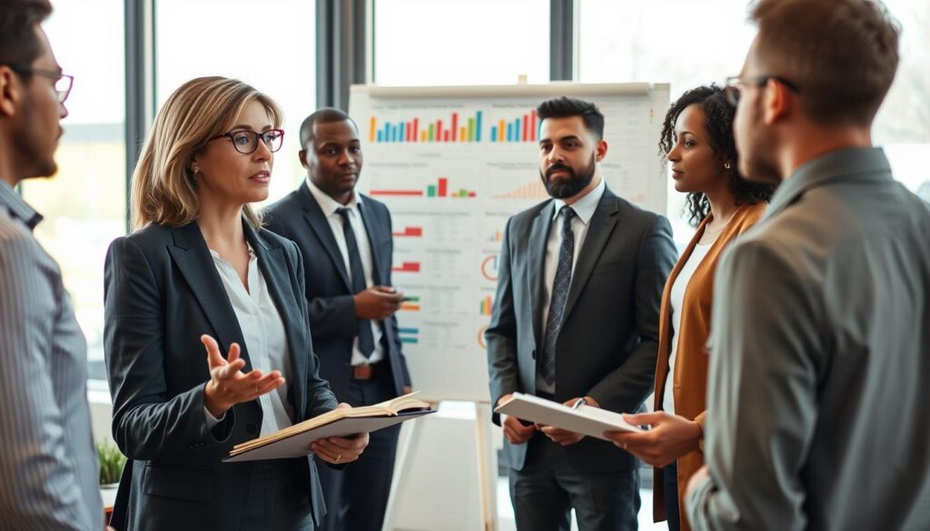 A professional office environment showcasing a group of diverse individuals engaged in a discussion about insurance policies. In the foreground, a confident middle-aged woman in a smart business suit gestures while explaining her views, with a notebook and pen in hand. Beside her, a younger man in professional attire listens intently, taking notes. In the middle ground, a whiteboard filled with colorful charts and graphs about client feedback on different insurance companies serves as a focal point. The background features large windows allowing natural light to flood in, casting soft shadows. The atmosphere is serious yet collaborative, emphasizing the importance of customer opinions on insurance. The lighting is bright and warm, enhancing the professionalism of the setting.