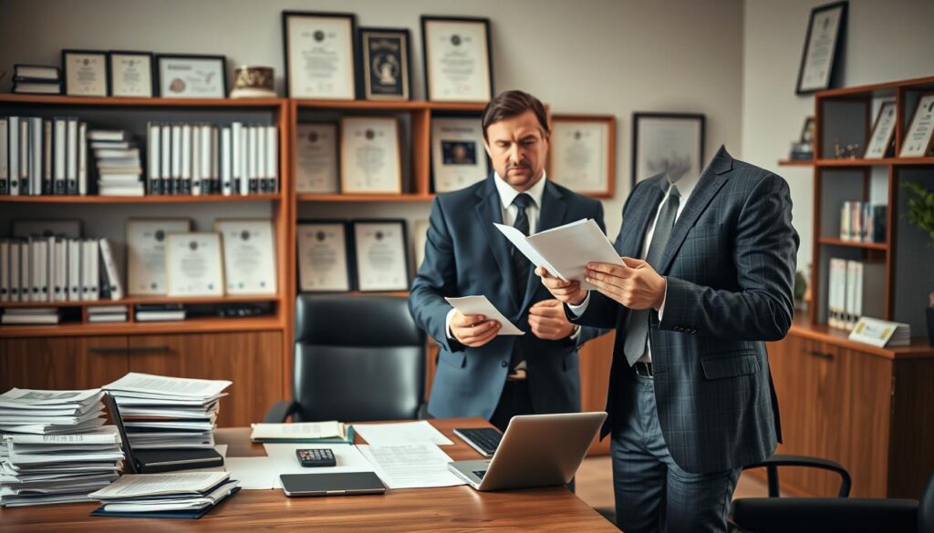 A professional office setting depicting an insurance broker reviewing property insurance valuations. In the foreground, a confident male insurance broker in a smart business suit is standing, examining two documents held in his hands. He has a thoughtful expression as he compares values. In the middle, a sleek wooden desk is littered with stacked papers, a calculator, and a laptop, suggesting an intense work atmosphere. In the background, shelves lined with insurance books and framed certifications create a sense of professionalism and expertise. Soft, natural light streams through a window, illuminating the scene and highlighting the details. The mood is serious and focused, emphasizing the gravity of property insurance valuation discussions.