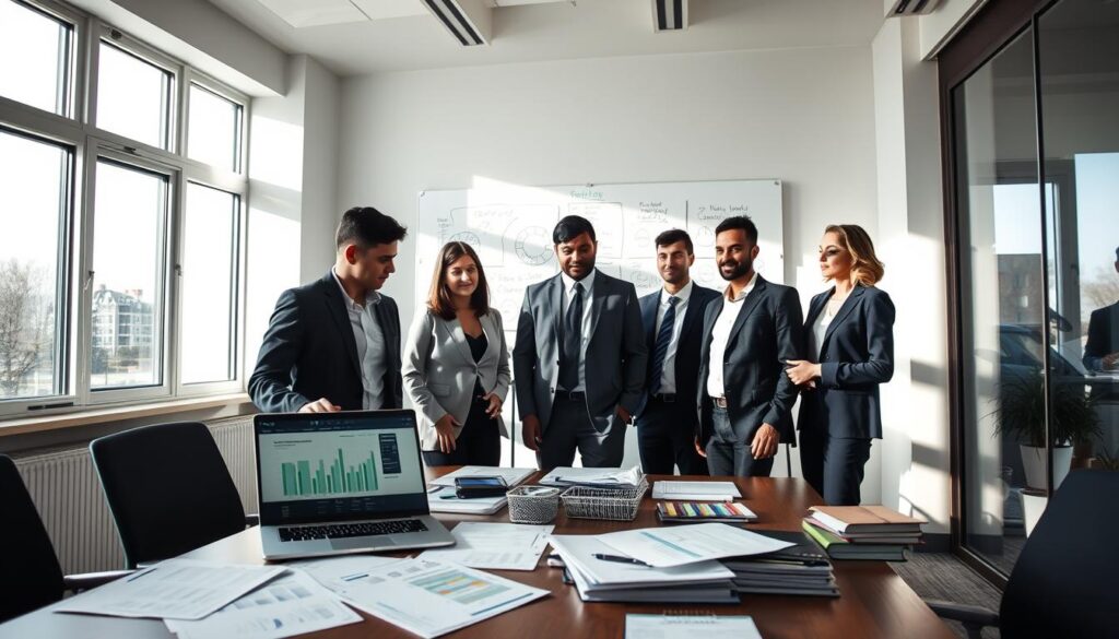 A professional office setting focused on preparation for an insurance valuation. In the foreground, a diverse group of three professionals, dressed in smart business attire, are gathered around a table covered with documents, charts, and a laptop displaying financial data. The middle ground features a whiteboard filled with notes and diagrams related to insurance valuation processes. In the background, large windows allow natural light to flood the room, casting soft shadows and creating an inviting atmosphere. The scene conveys a sense of collaboration, concentration, and professionalism, with a muted color palette emphasizing seriousness and focus. The angle captures the entire workspace, giving a comprehensive view of their preparation efforts.
