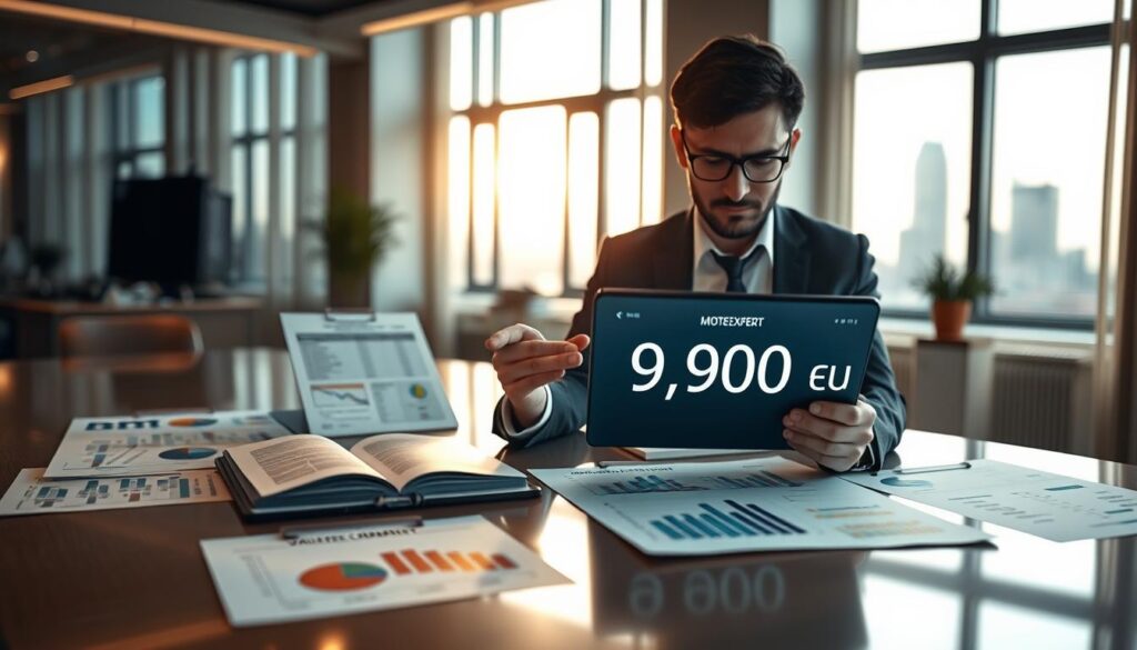 A professional office setting showcasing the MOTOEXPERT valuation process. In the foreground, a business analyst in professional attire is examining a digital tablet displaying the valuation data, with focused expression. In the middle ground, a sleek modern conference table is filled with financial documents and charts related to vehicle valuations, emphasizing the 9,900 EUR figure prominently. The background features large windows letting in soft natural light, creating a warm and inviting atmosphere, with a city skyline view. The overall mood is analytical and professional, expertly highlighting the meticulous evaluation process of MOTOEXPERT, with attention to detail in the office decor and equipment. Capture the image from a slightly elevated angle to provide depth and context to the valuation environment.