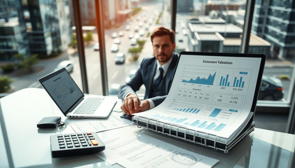 A professional office setting with a car insurance representative sitting at a desk, reviewing documents related to vehicle valuation. The foreground features a neatly organized desk with paperwork, a calculator, and a laptop displaying graphs and numbers related to insurance valuations. In the middle, the representative, a person in smart business attire, appears engaged and focused, offering an air of authority. In the background, a large window reveals a cityscape with cars driving by, illustrating the concept of vehicle insurance. The lighting is bright and natural, emanating from the window, creating a positive and productive atmosphere. The overall mood conveys professionalism, trust, and the importance of understanding vehicle ownership rights.