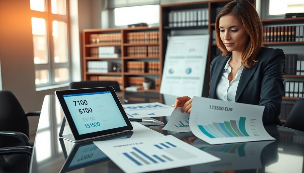 A professional office setting with a focus on insurance valuation. In the foreground, a smartly dressed businesswoman, looking analytical and engaged, reviews a digital tablet displaying comparative valuation data. In the middle, a sleek conference table adorned with charts and graphs illustrating insurance quotes, including "7100 EUR" and "13500 EUR" labeled discreetly on two separate papers. In the background, shelves lined with law books and financial reports, emphasizing a corporate environment. Soft, natural light filters through large windows, casting a warm glow that enhances the seriousness of the discussion. The overall mood is focused, professional, and informative, reflecting practical applications of insurance valuations.